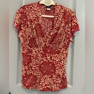 J.K. LA Red and Cream Floral-Print V-Neck Blouse